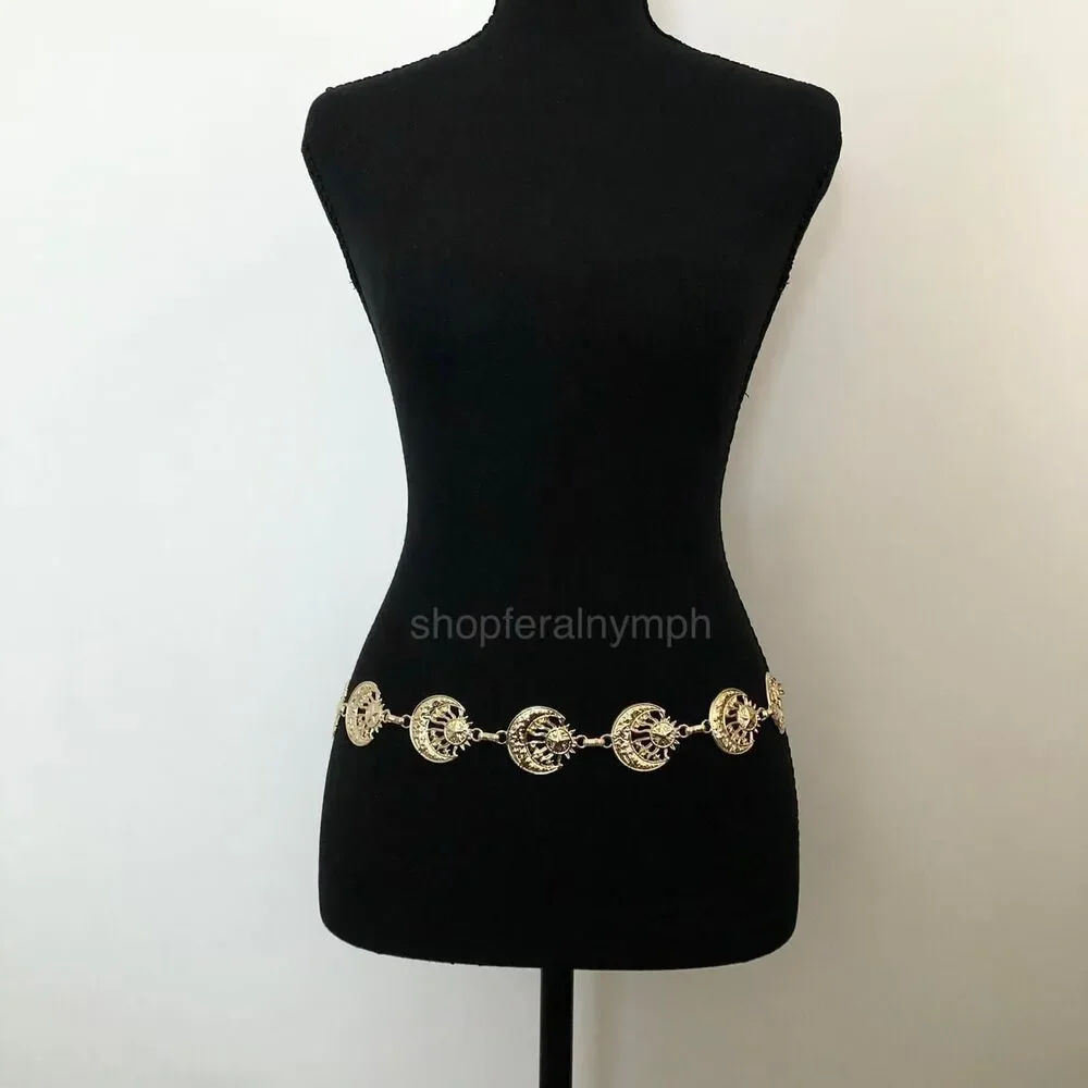 Vintage Y2K Celestial Gold Sun and Moon Chain Belt, Up to 40 Inches, X7GA1147
